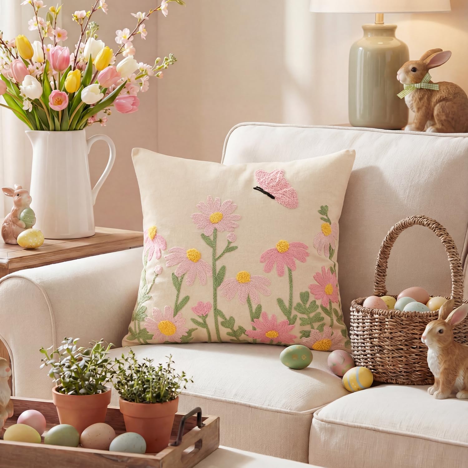 AVOIN colorlife Spring Floral Embroidered Throw Pillow Covers, 18 x 18 Inch Butterfly Flowers Tufted Patterned Linen Decoration Cushion Case for Sofa Couch Set of 2