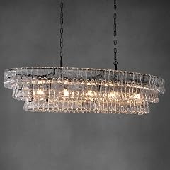 54 Inch Large Rectangular Black Chandelier for Dining Room Clear Glass Drum Modern Pendant Light Fixture Extra Long