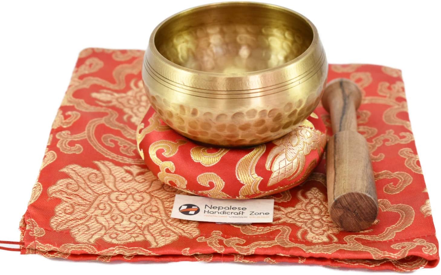 NHZ Meditation Yoga Singing Bowl Set With Mallet, Cushion & Brocade Bag - For Meditation, Chakra Healing, Prayer,Yoga, and Mindfulness (3.5 Inch Red)
