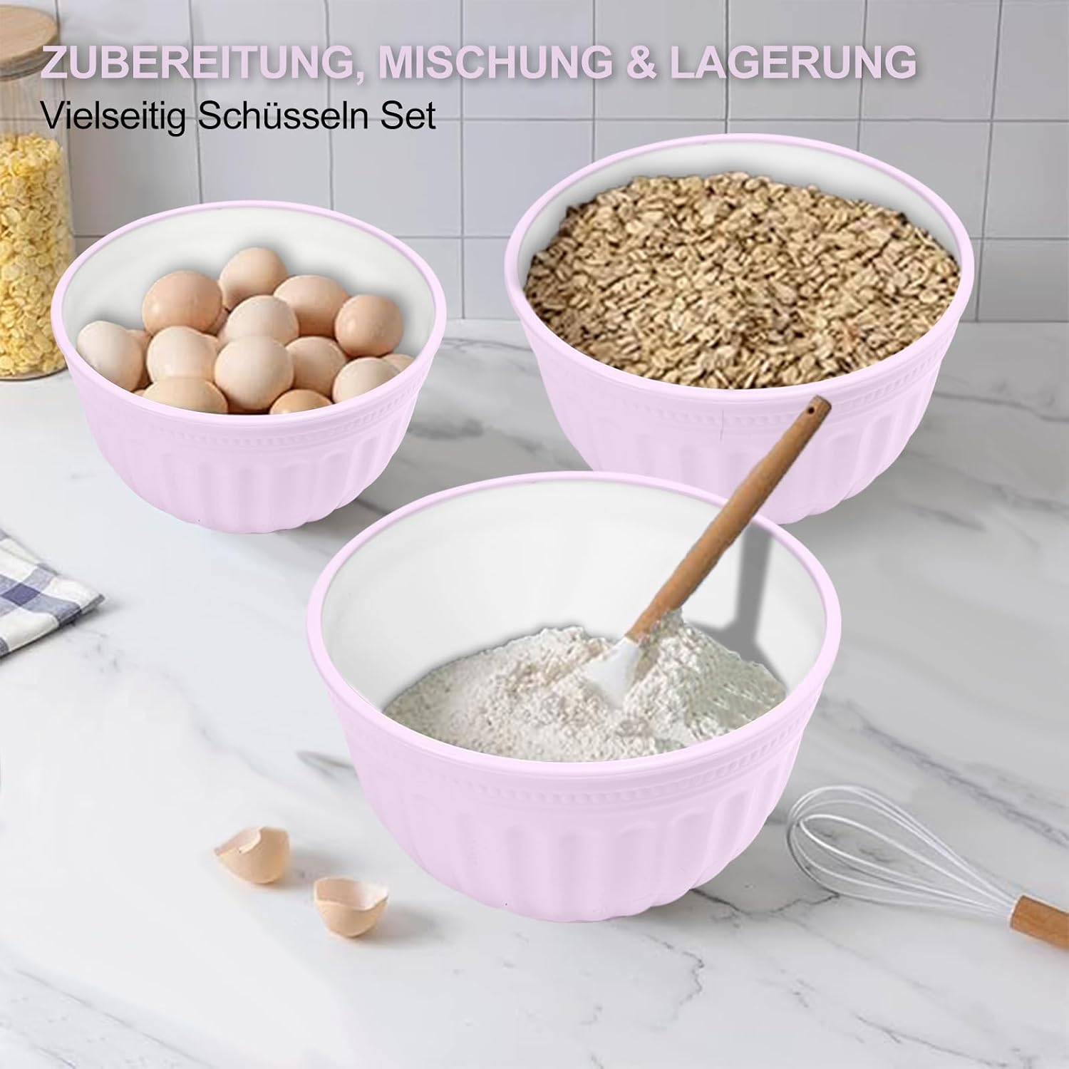Salad Bowl Set with Lid, Large Mixing Bowl Set, 3 Pieces, 2 L/3 L/4 L, Stackable Large Bowls for Kitchen, Made of Premium Plastic, BPA-Free, Suitable for Dishwasher and Microwave (Pink) image 5