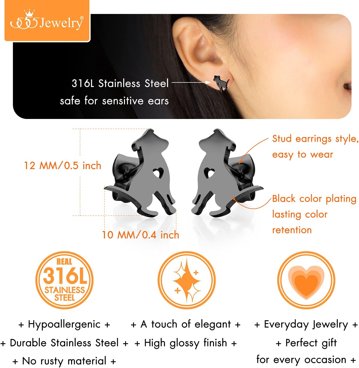 555Jewelry Stainless Steel Small Tiny Puppy Dog Stud Earrings for Women,Hypoallergenic Miniature Dog Earring - Image 6