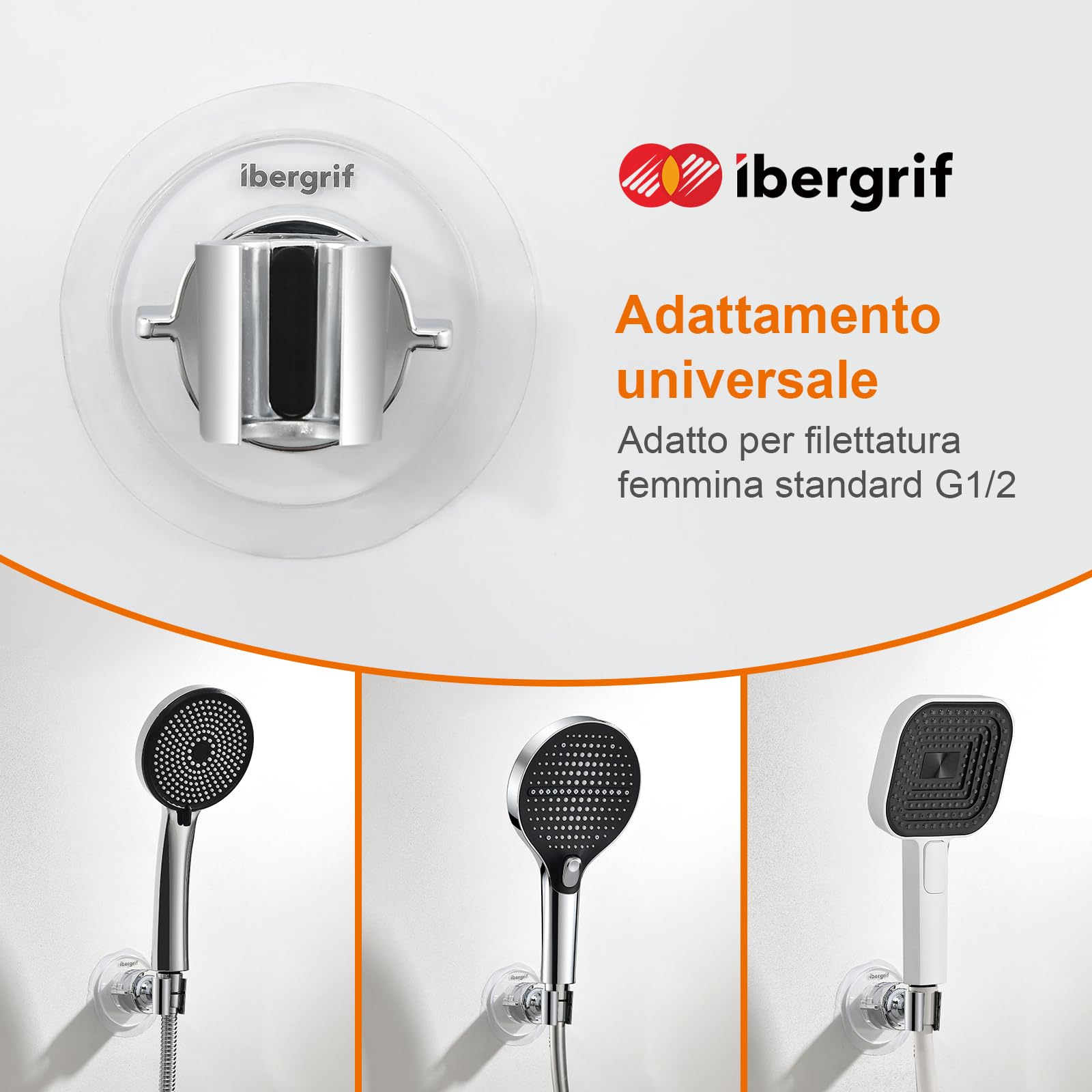 Ibergrif M20407 Supporto per Doccia, Adesivo Staffa Soffione, Doccia Senza Necessità di Trapano, rotazione a 360°, adatta per casa, hotel, bagno