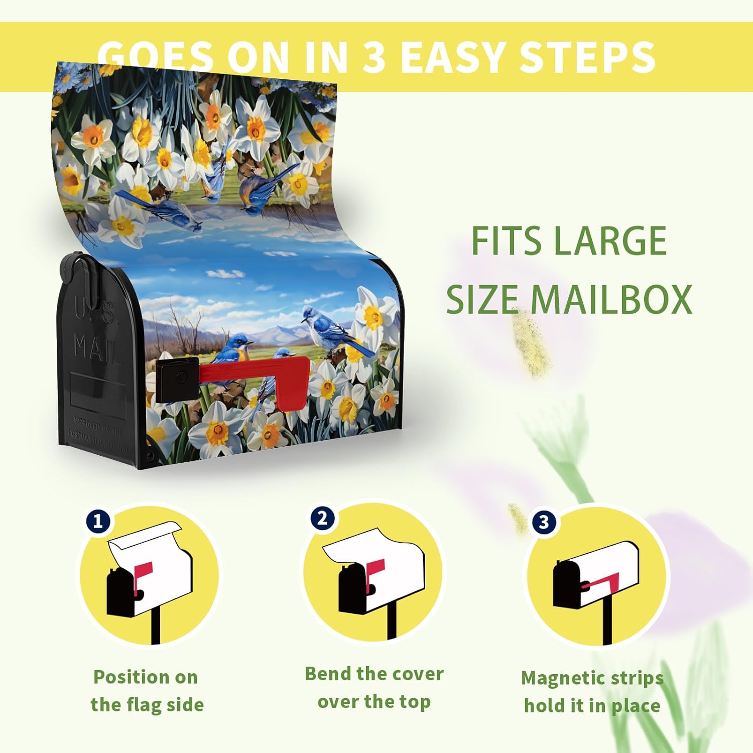 Spring Mailbox Covers Magnetic Oversized Summer Bluebirds Daffodil Post Letter Cover Floral Bird Mailbox Wraps Blue Sky Mail Box Decor for Garden Yard Large Size 25.5 X 21 Inch