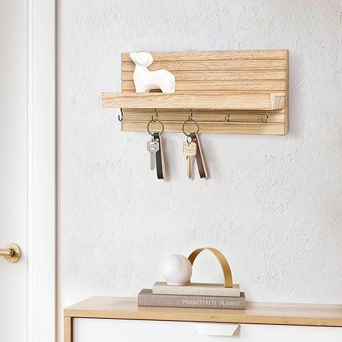 Miniatura 5 de Soporte decorativo para llaves de pared con estante, estante de entrada con ganchos para correas, chaquetas y gafas, colgador de entrada de madera