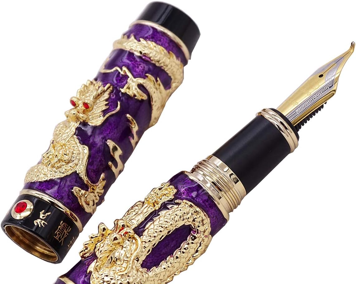 Jinhao Purple Double Dragon Fountain pen, Handmade Cloisonne Enamel Painting Chinese Dragos, Fude Nib Bent Nib Signature Pen, Business Gift Pen