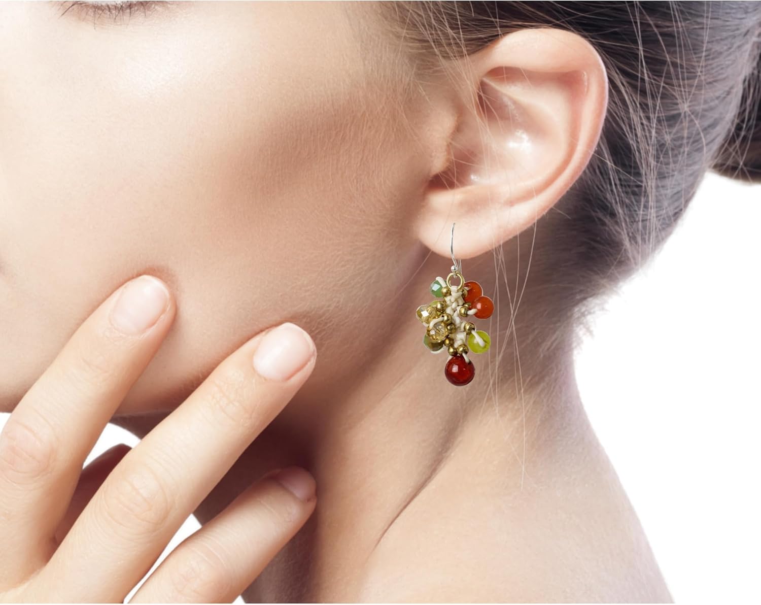 NOVICA Artisan Handknotted Carnelian Beaded Earrings Artisan Gemstone Sterling Silver Glass Brass Quartz Red Yellow Multicolor Cluster Thailand Birthstone [1.6 in L x 0.8 in W] ' Honeydew