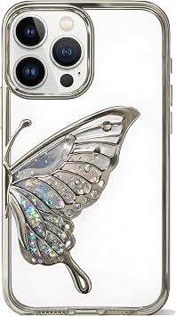 Coverzone iPhone 17 Pro Max ile Uyumlu 3D Kelebekli Sıvılı Simli Şeffaf Gümüş Çerceve LunaFlow Telefon Kılıfı Kamera Lens Korumalı Lüks Parlak Koruyucu Kapak
