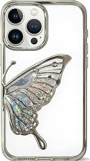 Coverzone iPhone 15 ile Uyumlu 3D Kelebekli Sıvılı Simli Şeffaf Gümüş Çerceve LunaFlow Telefon Kılıfı Kamera Lens Korumalı Lüks Parlak Koruyucu Kapak