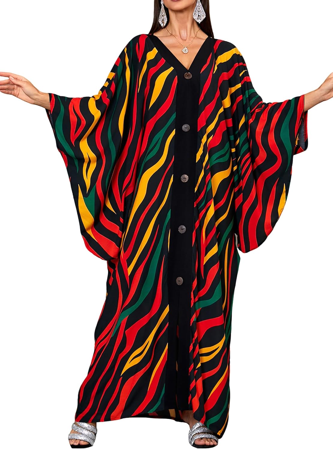 cthseie Caftans for Women Plus Size V-Neck Batwing Sleeve Kaftan Dress for Beach Swimwear Cover-Up Loungewear Mumu Dresses
