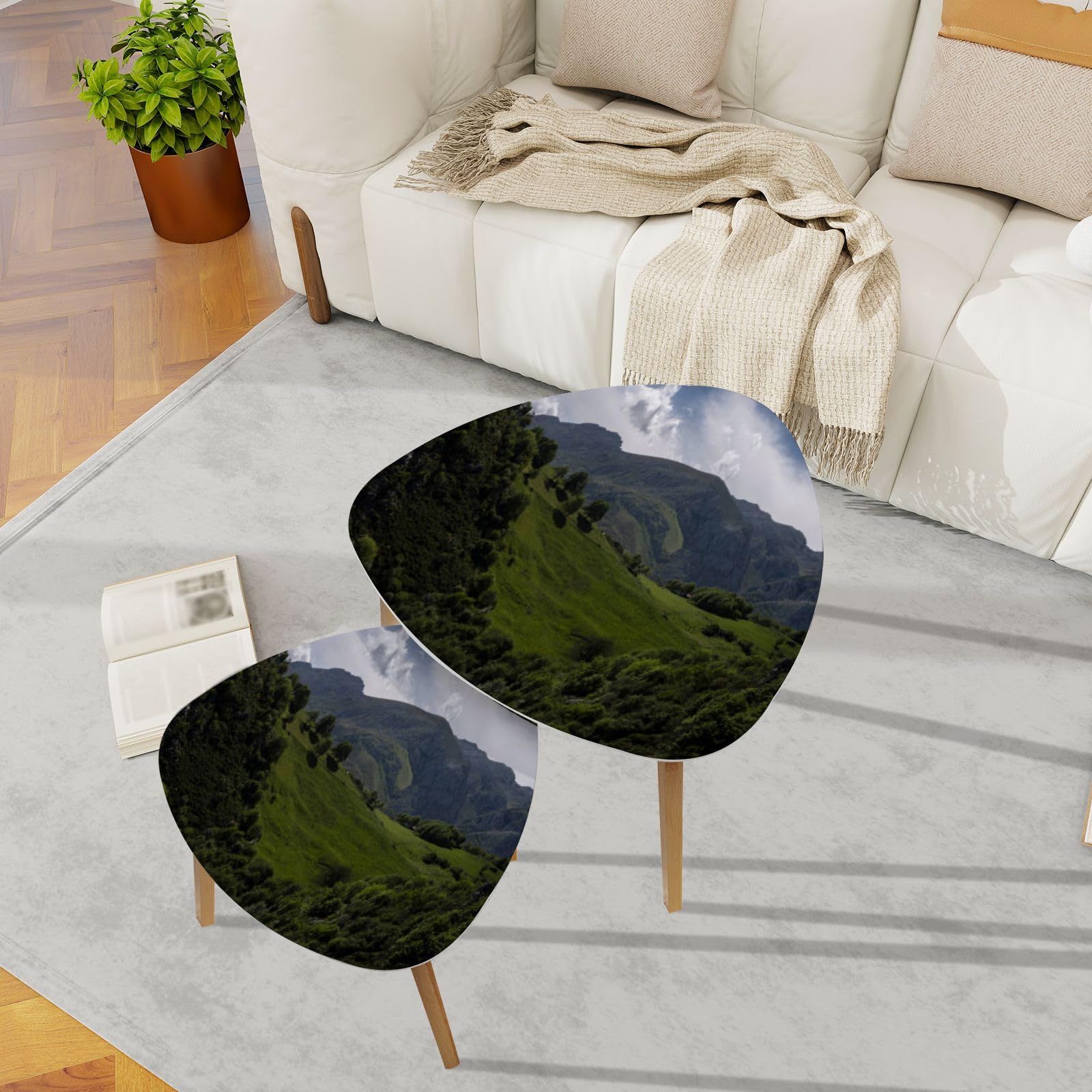Small Coffee Nesting Table Valley Peaks Europe Asturias Blue Clear Sky Climbing Cloud Sky Color Modern Minimalist Side Table Triangle End Tea Table Set of 2 for Living Room Bedroom