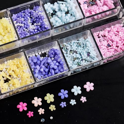Miniatura 10 de Flores 3D para uñas, dijes de uñas de flores 3D, dijes de uñas de mariposa de metal con gemas para uñas, flores acrílicas rosas y blancas para