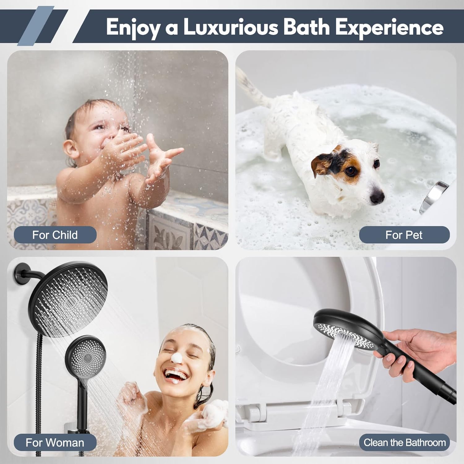 Rain Shower Head with Handheld Spray, Lanhado 8.5'' Matte Black Shower Head with hose, 3 Setting High Pressure Shower Heads, Anti-leak Rainfall Shower Head with Holder, Waterfall Showerhead, Chrome - 