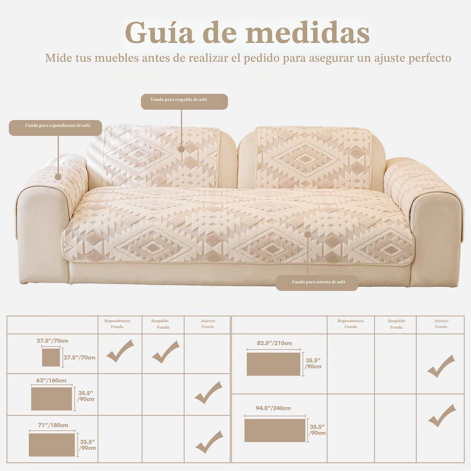 WEYOND Funda Sofa 2 3 4 plazas, Felpa Cubre Sofa, 90 x 240 cm, Beige | 1 Funda de Asiento, Protector Sofá para Perros y Gatos, Sofa cover Antideslizantes y Antimanchas, Lavable