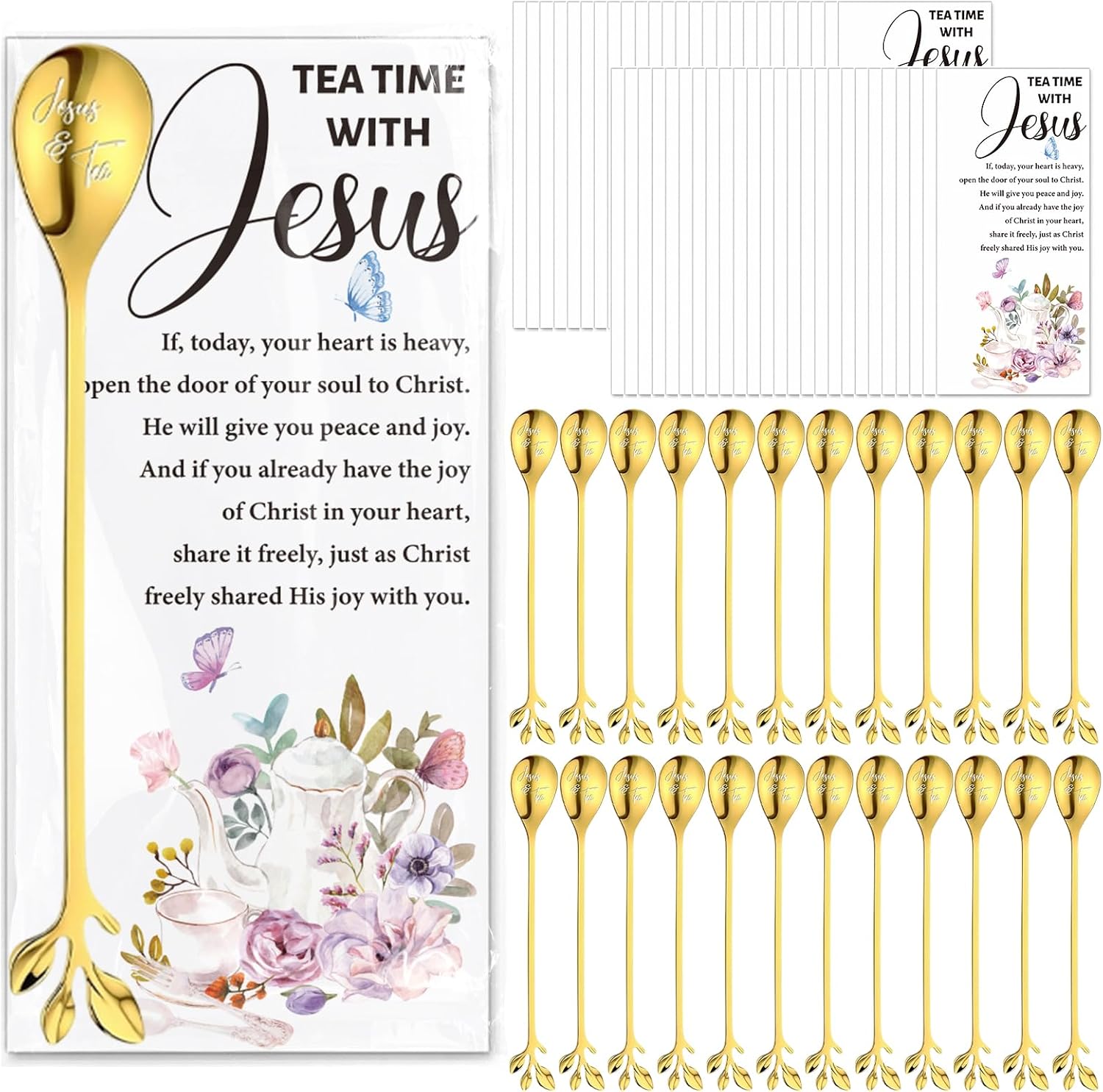 50 Sets Christian Tea Party Favors Stainless Steel Leaf Tea Spoons with Prayer Cards Clear Bags, Religious Gifts for Women Ministry Mothers Day Easter Church Christmas Birthday Family Reunion Gifts