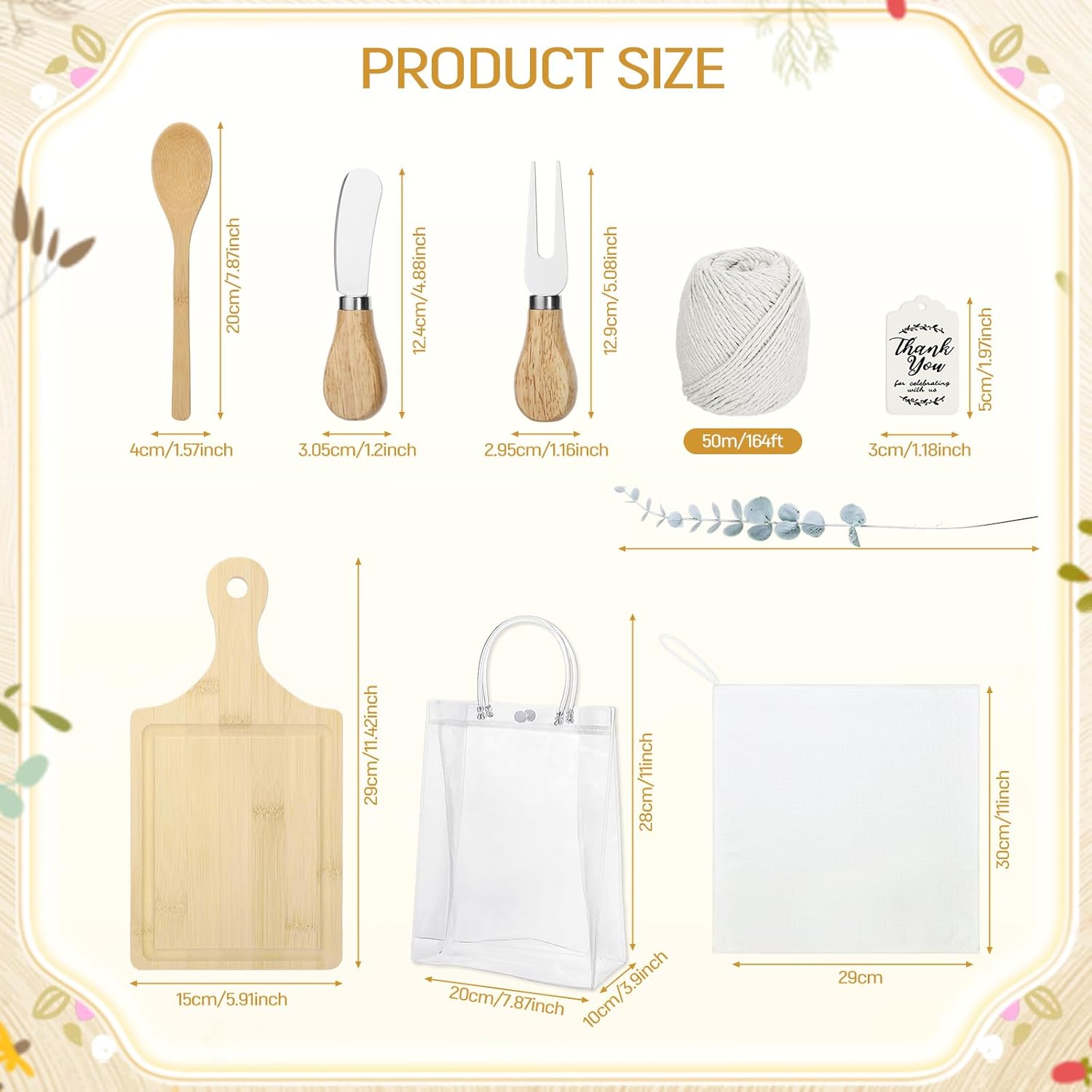 110PCS Baby Shower Prizes for Game Winners 12 Sets Baby Shower Gifts Bamboo Cheese Board Spoon Towel Artificial Eucalyptus Stems Thank You Card Gift Bag for Baby Bridal Shower Wedding Favors