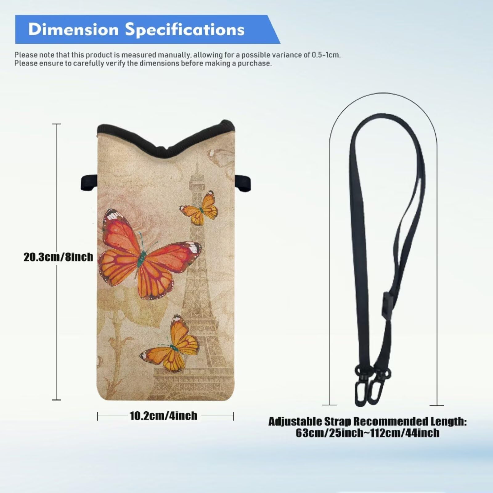 Torba na telefon crossbody wodoodporna mini torebka na telefon komórkowy z regulowanym paskiem pasuje do większości smartfonów, 20 cm x 10 cm, wieża Eiffla, motyl róża retro, jeden rozmiar