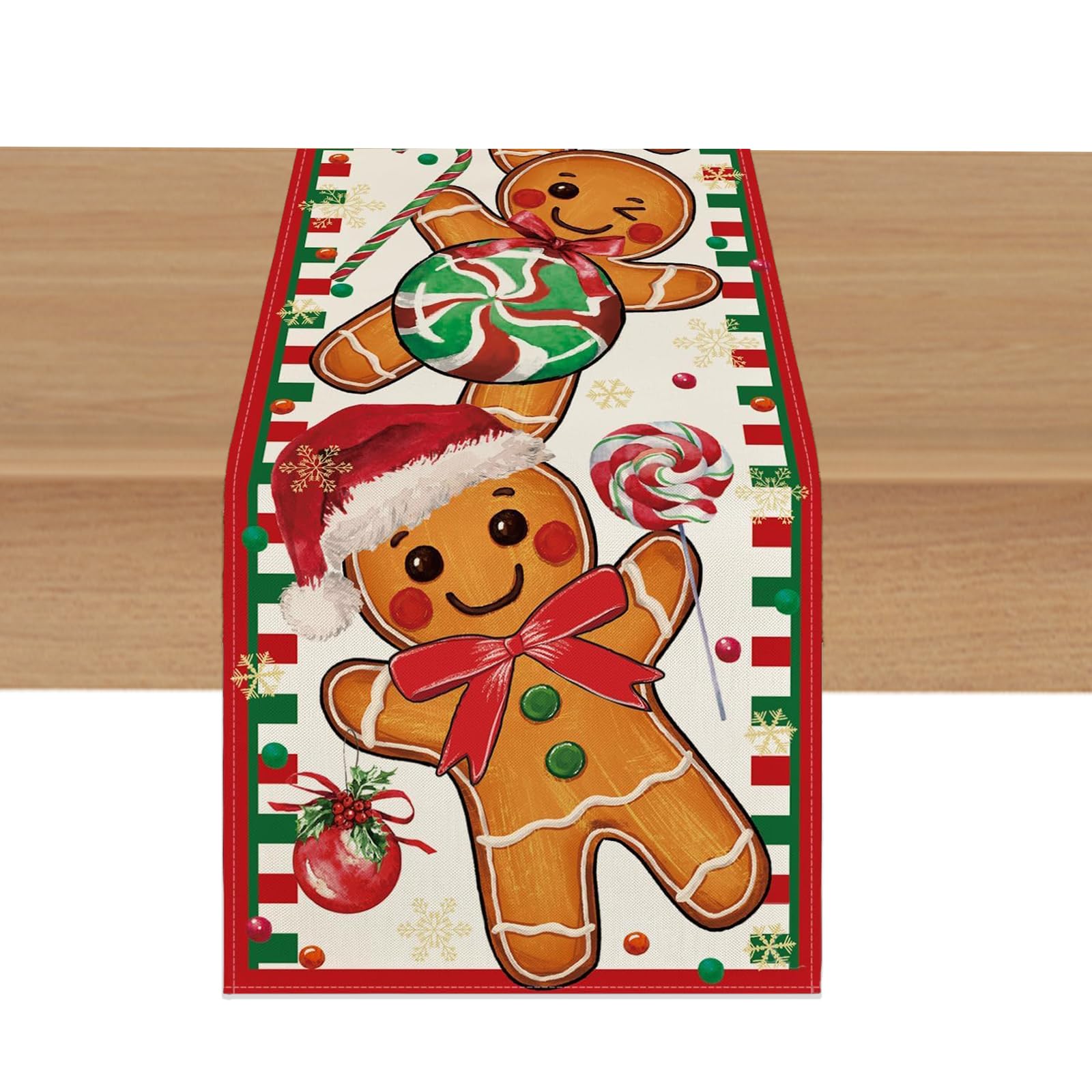 Camino de Mesa Navidad, Camino de Mesa De Lino Rojo Navidad con Estampado de Bastones de Caramelo Hombre de Jengibre, Decoracion Mesa Navidad, para Comedor Hogar Fiesta Decoración (183 x 33 Cm)