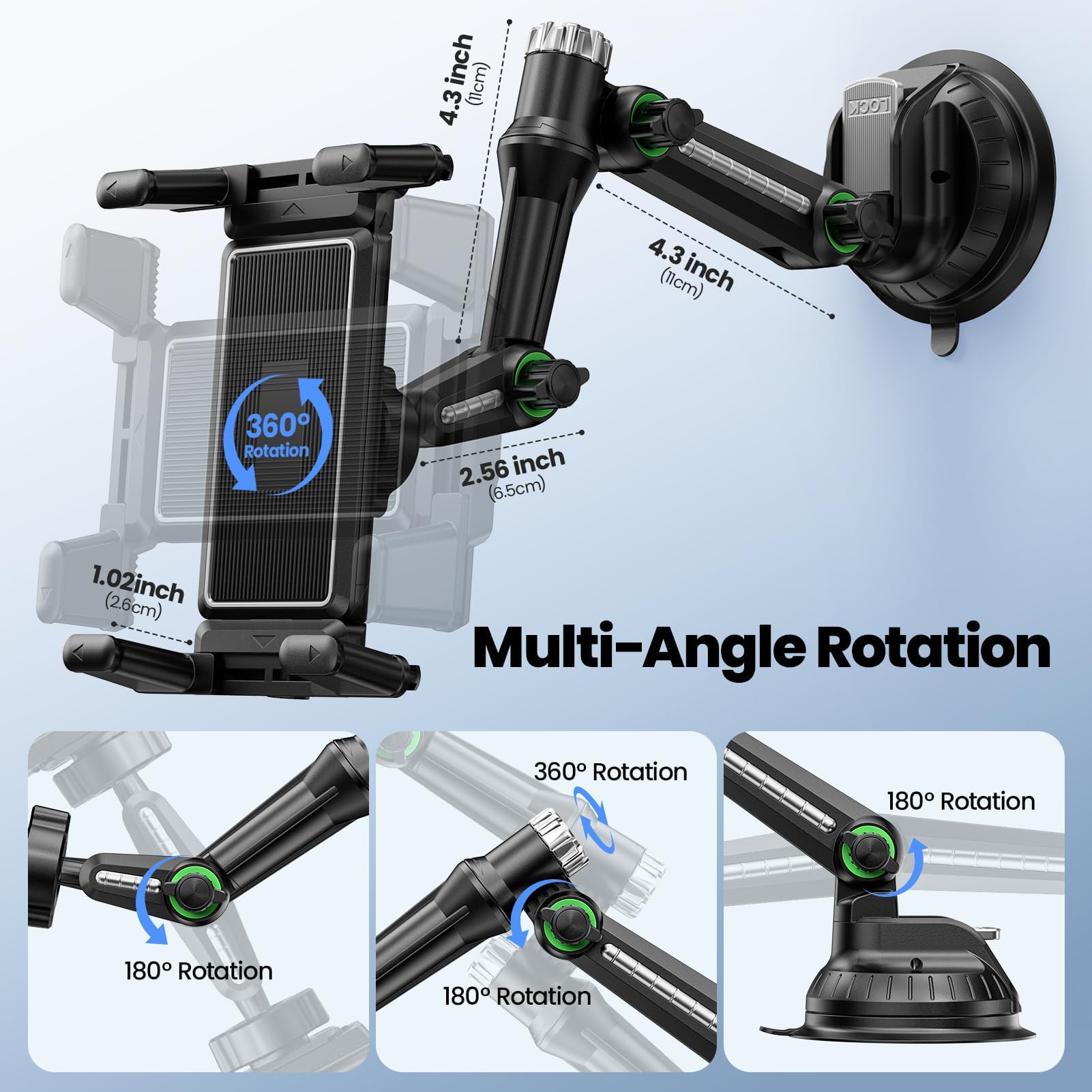 GlasFlength Supporto per tablet aut o per cruscotto auto, supporto per tablet a ventosa, 4,7 – 9,7 pollici, table t e telefoni rotanti a 360°, regolabile, supporto per iPad per auto e ufficio (nero)