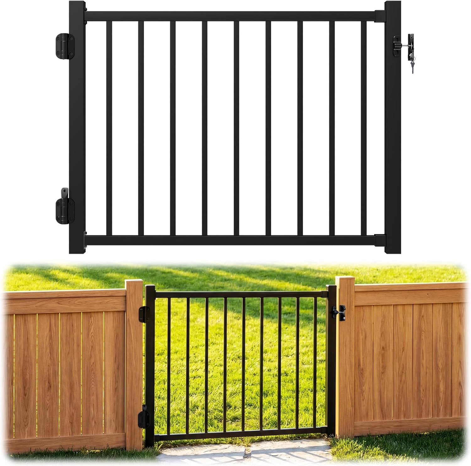 W.4ft x H.36in Aluminum Deck Gate Outdoor, Cuttable Porch Gate Kit with Latch and Auto-Closing Hinge, AAMA 2604–Grade Sand-Texture Black Outdoor Gate for Deck Railing Patios, Porch, Garden