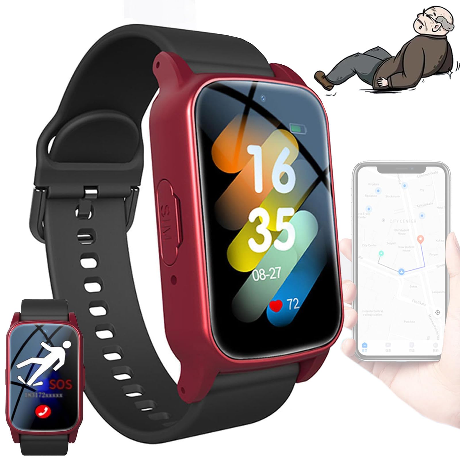 Mothdust Orologio Emergenza Per Anziani Con Sensore Cadute Tracker GPS Videochiamata HD Monitoraggio Salute Cinturino Silicone IP67 Impermeabile Smartwatch Per Alzheimer Tracking Sicuro(Red)