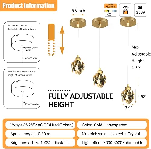 Miniatura 2 de Lámpara colgante dorada de 1 luz, mini lámpara de cristal para dormitorio, luz colgante regulable para isla de cocina, 5 W