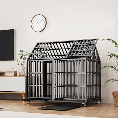 Miniatura 1 de Jaula de perro resistente de 52 pulgadas, jaula grande para perros, perreras y jaulas de metal fuerte para perros grandes con 4 ruedas con cerradura