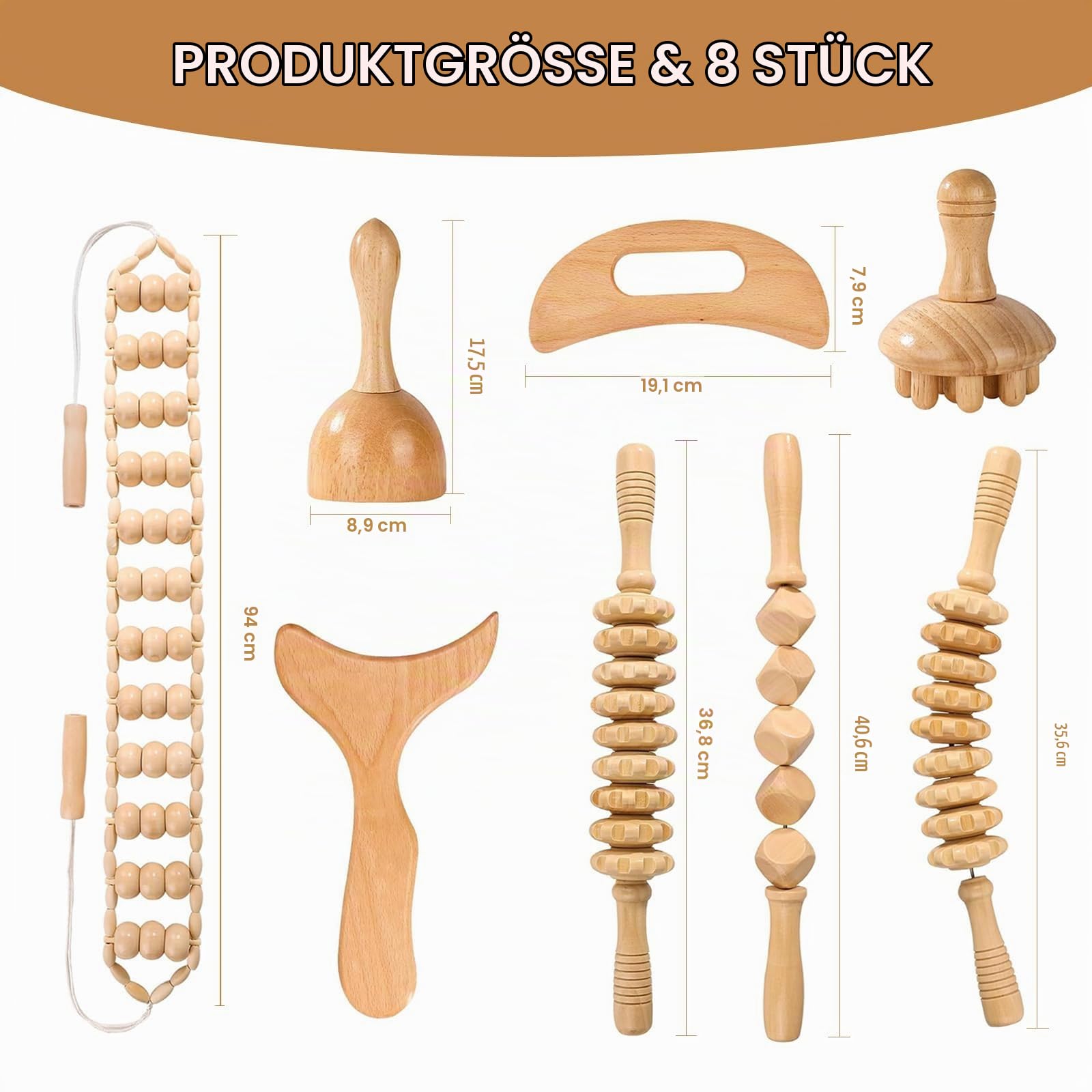 8-teiliges Holz Massage Set – Maderotherapie Massager für Lymphdrainage, Körperformung & Anti-Cellulite, Muskelentspannung und Schmerzlinderung