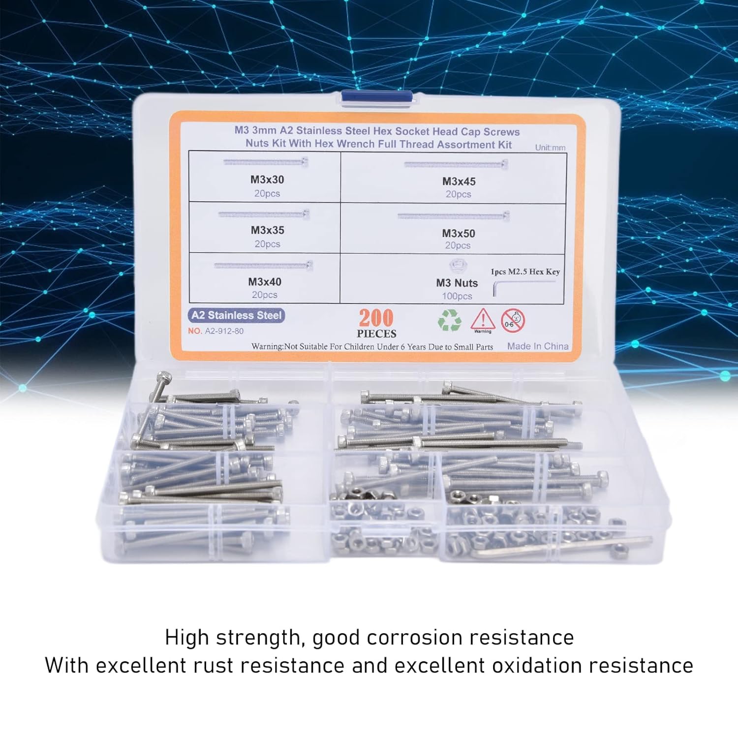 Nut Bolt Assortment Kit 200pcs Hex Nut Bolt Assortment Kit Hex Socket Head Cap Screws Assortment Set with Wrenches for Industry (A2 Stainless Steel)