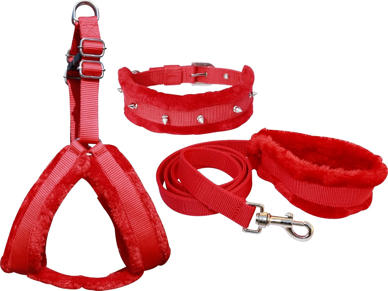 Pedigone Dog Belt Combo of Red Fur Dog Harness with Red Fur Spike Dog