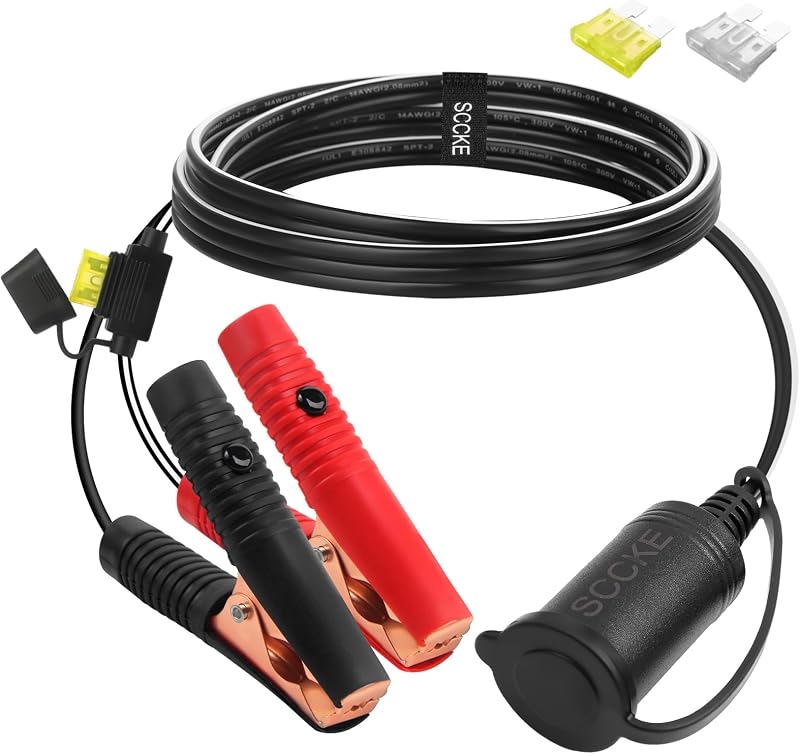 Cabo de Extensão com Tomada 12 V/24 V SCCKE, Garras para Bateria, 14 AWG e Fusível de 20 A – 1,8 m