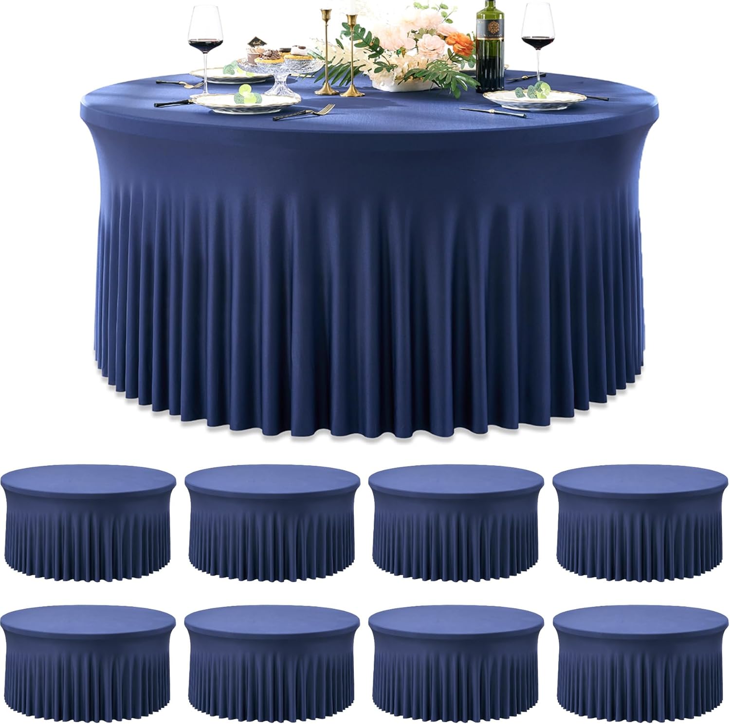 8 Pack Navy Blue Spandex Round Tablecloths for 72inch Table, Wrinkle Free 132in Stretchy Fitted 6ft Tablecloths, Round Table Clothes Covers with Skirt for Wedding Birthday Parties Banquet