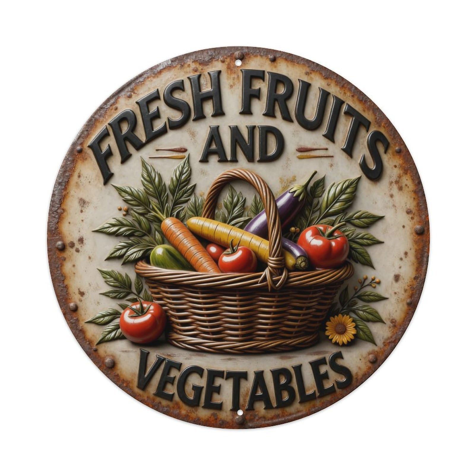 Zlatcbu Vintage Fresh Fruits And Vegetables Badge Metal Tin Sign Retro Wall Art Poster, Decor For Home Living Room Bar Cafe Garage, 8X8 Inch