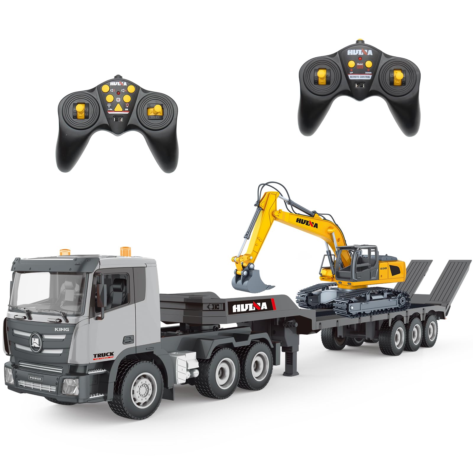 fisca RC Semi LKW und Bagger Spielzeug, 2.4Ghz Ferngesteuerter Pritschenwagen und Bagger Spielzeug, 1:24 RC Sattelzugmaschine mit Sound und Lichtern Geeignet für Baufahrzeuge für Jungen