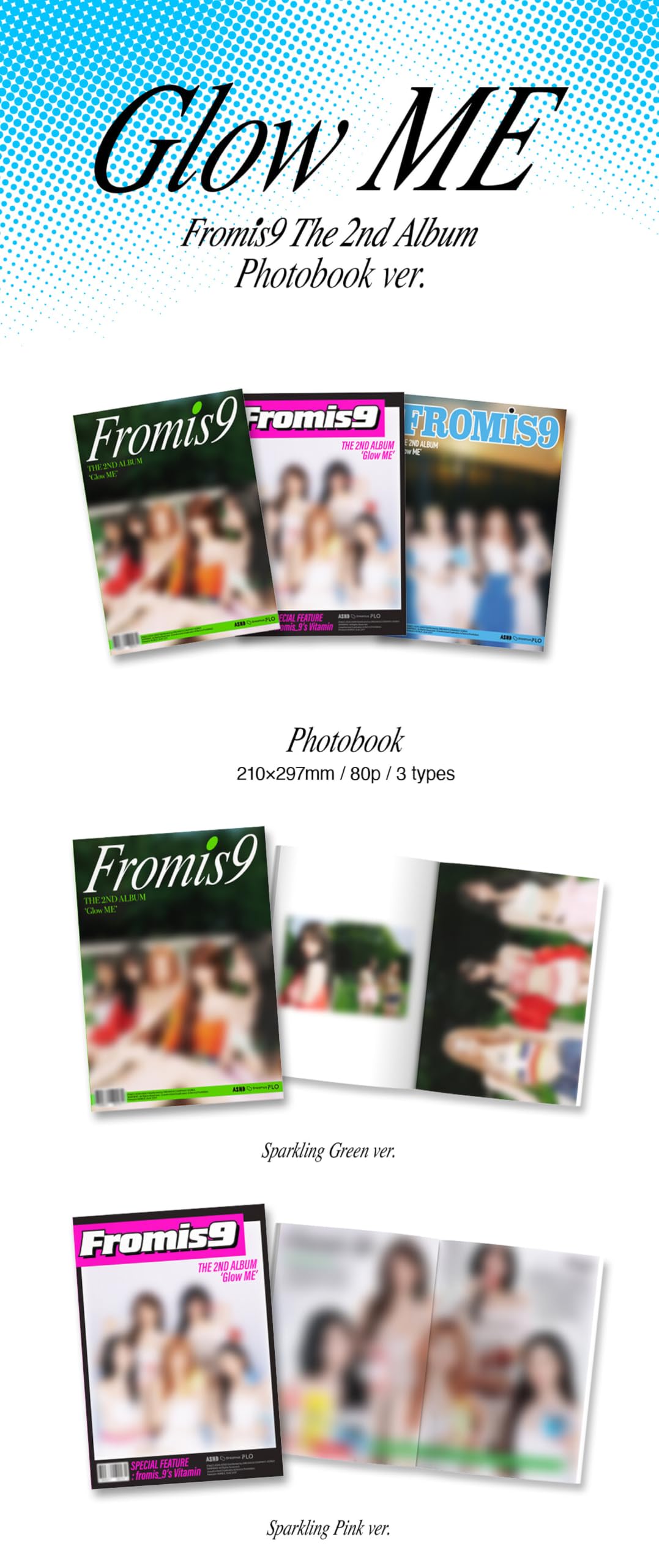 Set scintillante: verde, rosa e blu, Fromis_9 Glow ME 2° album