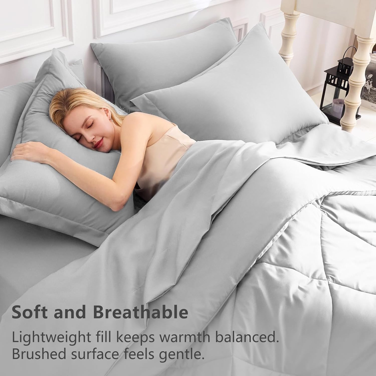 CozyLux Full Size Comforter Sets Light Grey - 7 Pieces Bed in a Bag Full, Luxury Soft Bed Set for All Seasons, Bedding Set with Down Alternative Comforter, Sheets, Pillowcases & Shams - Image 3