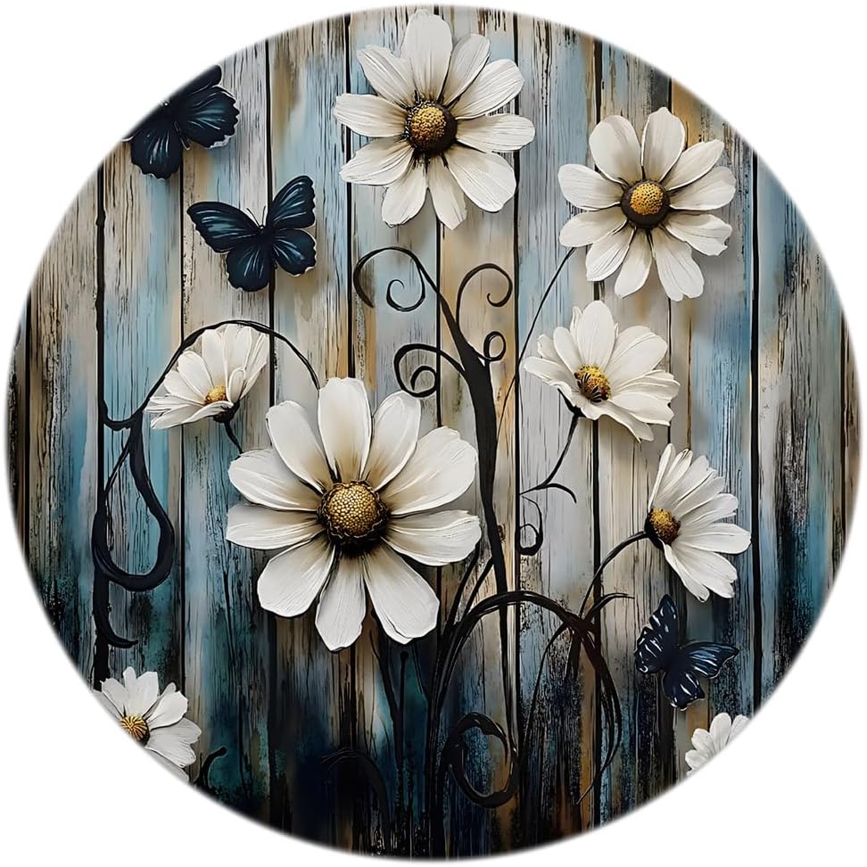 Round Area Rug 4Ft Rustic Floral Blue Grey Farmhouse Flower Butterfly Daisy Vintage Wooden Barn American Country Farm Plant Circular Mat Floor Carpet for Living Dining Room Bedroom