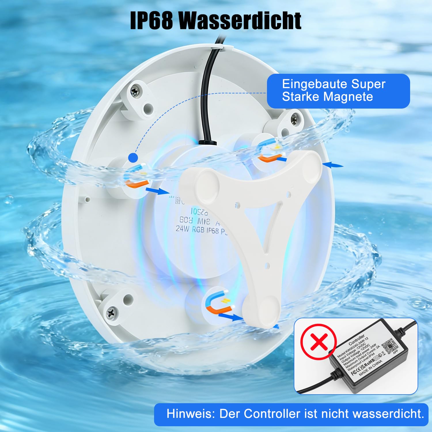 COOLWEST RGB LED Poolbeleuchtung, 24W Poolscheinwerfer mit Magnet, Pool Lichter Unterwasser mit APP-Kontrolle IP68 Wasserdicht für Stahlwandpools, Aufstellpool, Framepools, 7m Kabel, 12V, Dimmbar