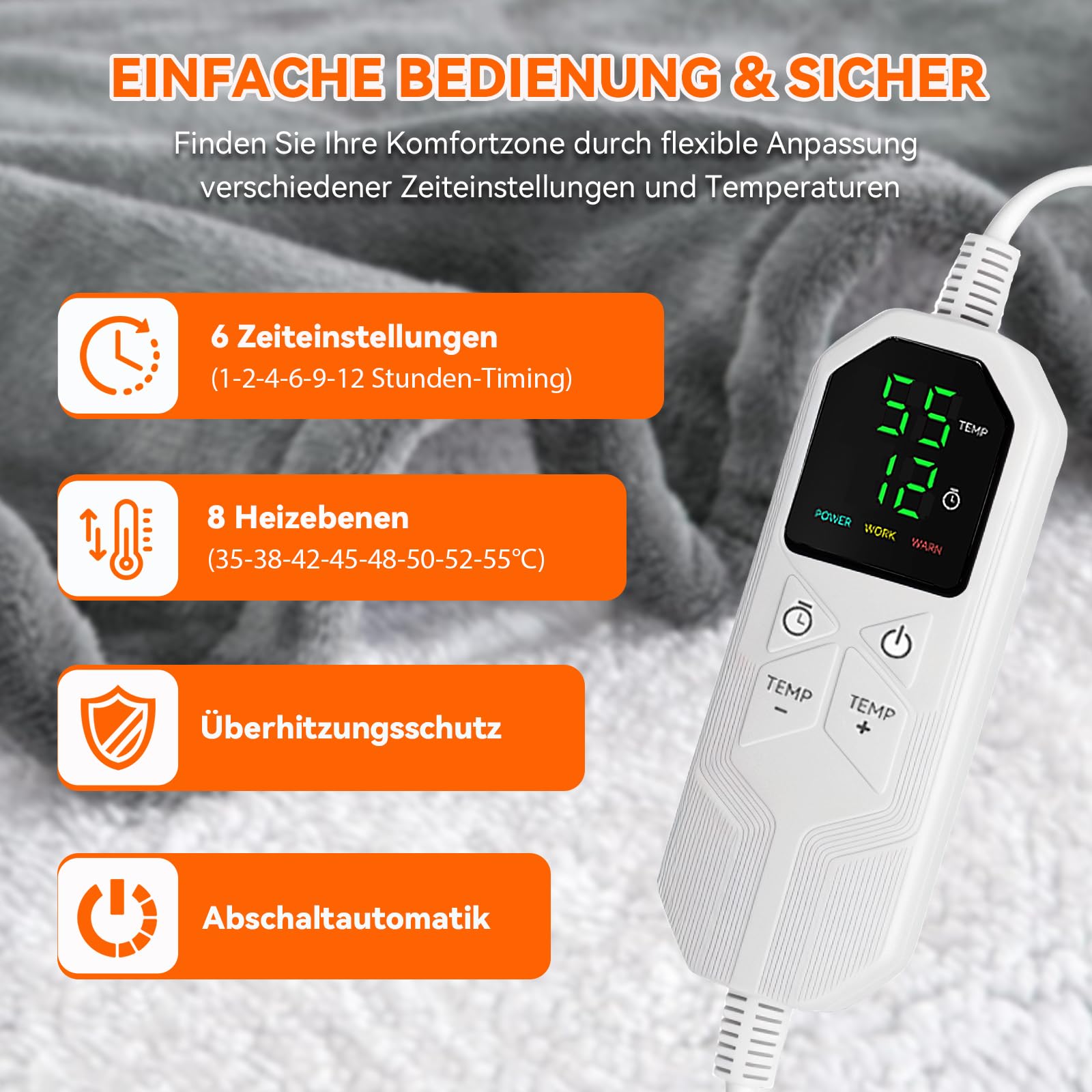 Warmfay Heizdecke mit Abschaltautomatik, 180 × 150 cm Flanell Elektrische Wärmedecke mit 8 Heizstufen & 1-12 Stunden Timer, Überhitzungsschutz, Waschbar Kuscheldecke für Bett & Sofa - Dunkelgrau