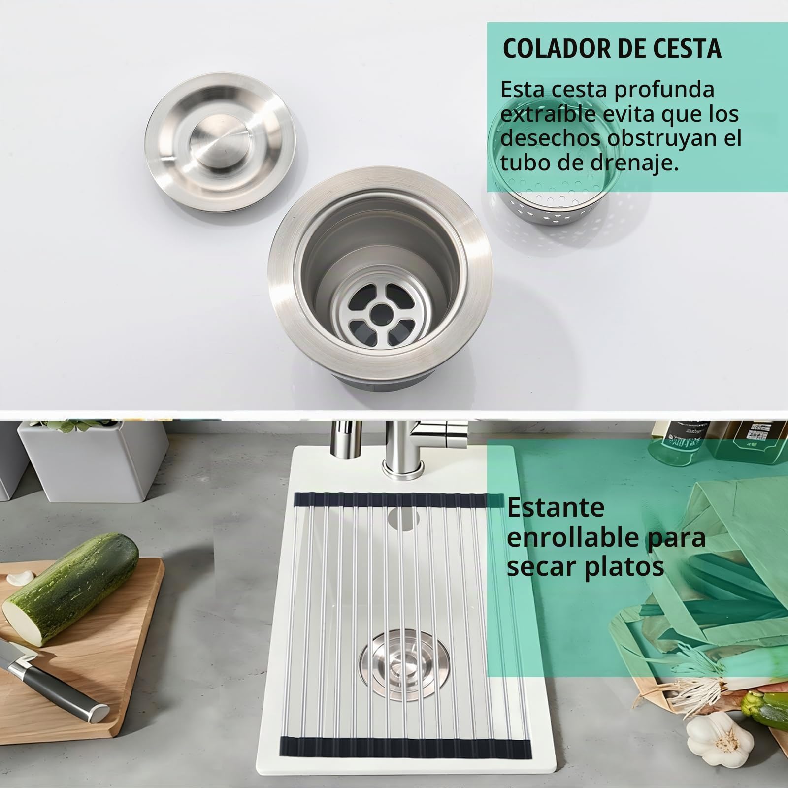 Fregadero Granito Blanco 28x50cm, Pequeño Fregadero de Barra Húmeda, Sobre encimera al mueble 30cm, Minilavabo de Cocina para Exteriores, para RV, con Rebosadero, Rejilla Enrollable y Sifón