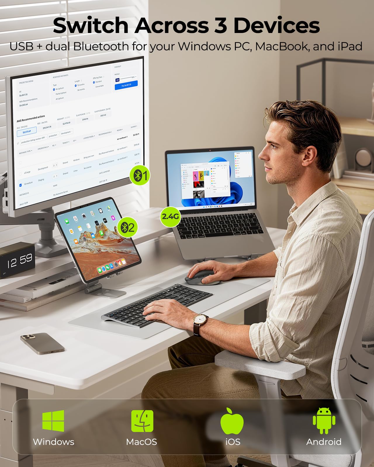 seenda COE401 Multidevice Bluetooth Tastiera e Mouse Set Nero Grigio | Tastiera wireless ricaricabile e mouse Combo Compact con tastierino numerico per Windows macOS iPad Tablet, layout QWERTY UK