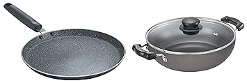 Prestige Aluminium Omega Select Plus IB Non-Stick Kadai with Glass Lid, 240 mm, Multicolour, Medium & Omega Deluxe Nonstick Granite Dosa Tawa, 300mm (Black)