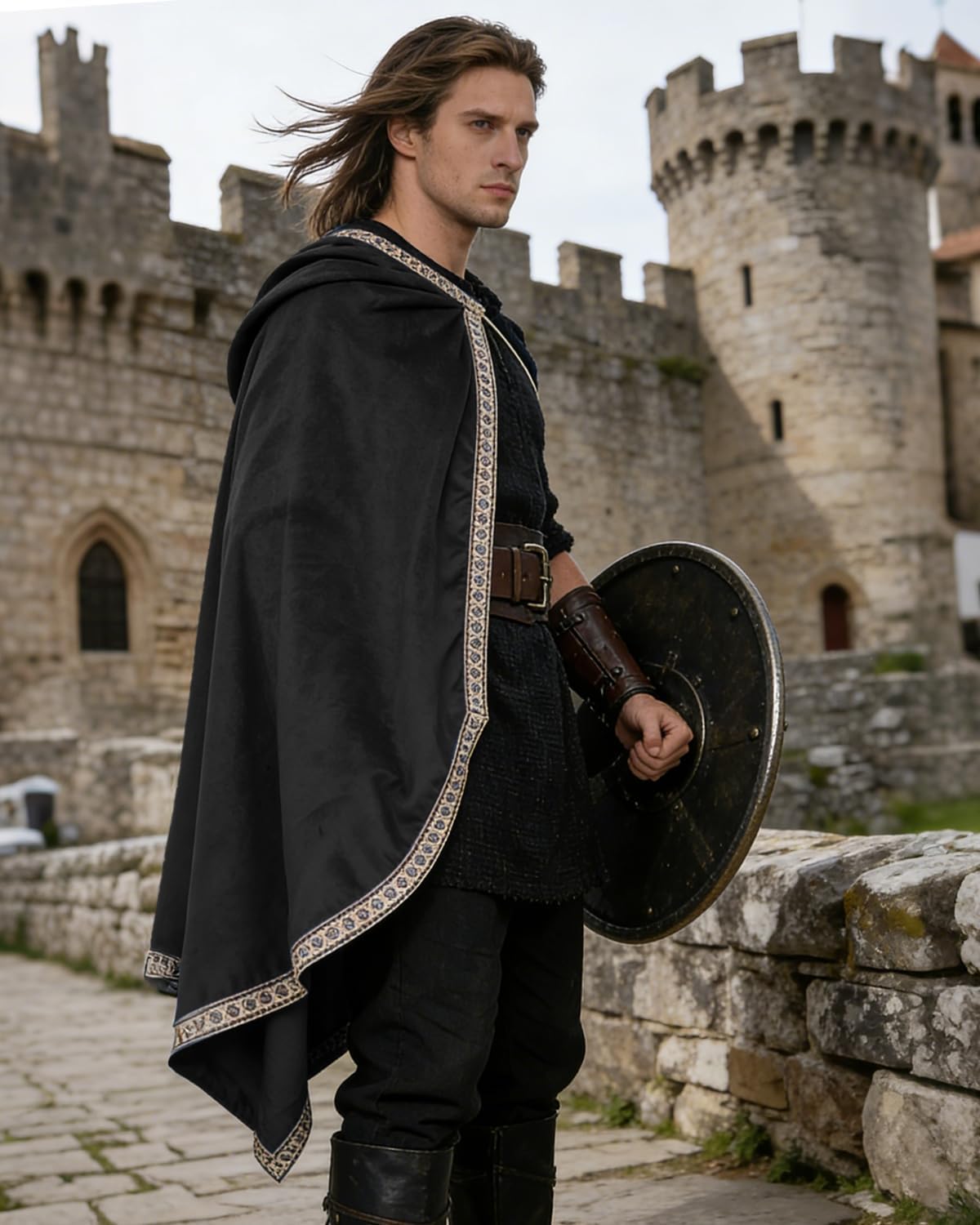L'VOW Velvet Half Shoulder Cloak - Men's Medieval Knight Cape Samurai Ranger LARP Halloween Renaissance Costume