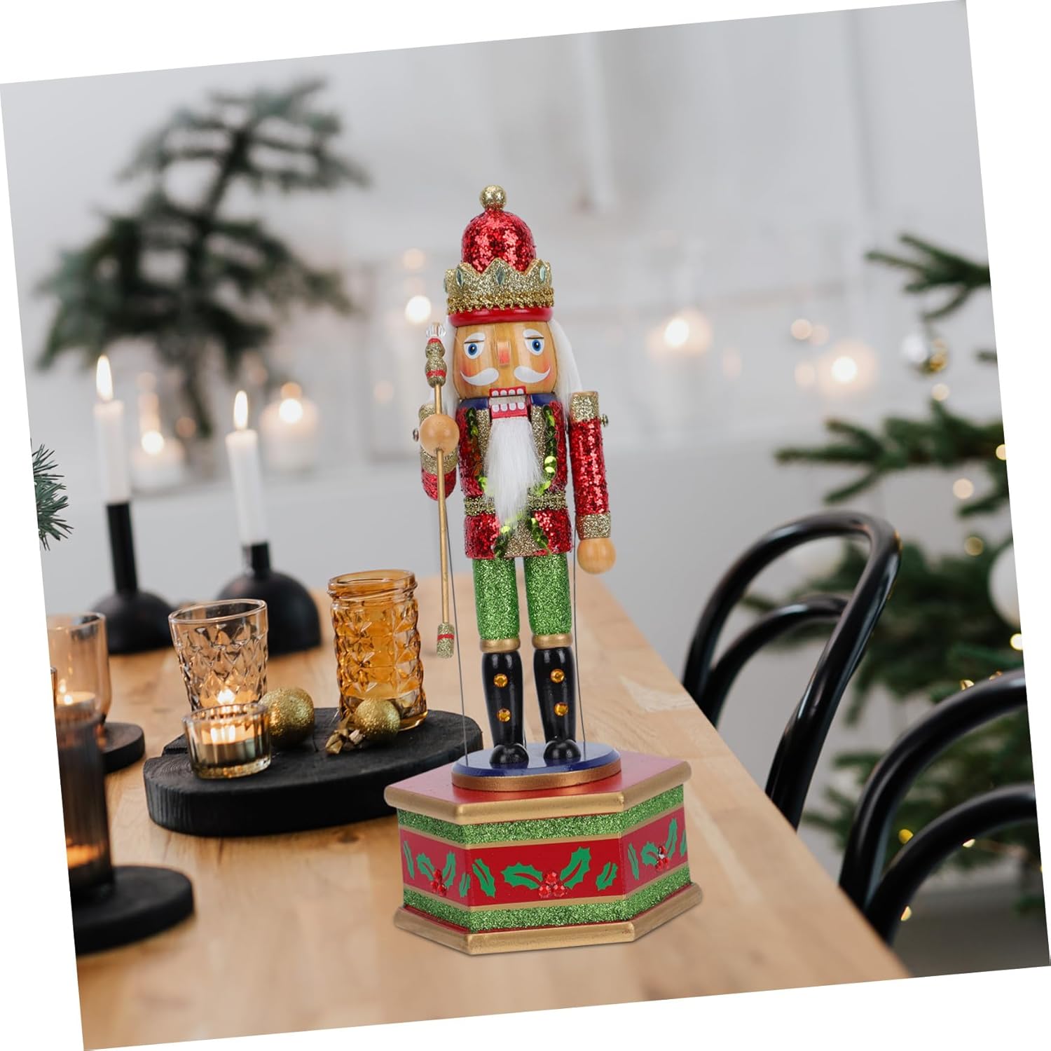 Wooden Nutcracker Musical Box with Handcrank Melody Painted Desktop Xmas Decor Craftsmanship for Holiday and Festive Ornament