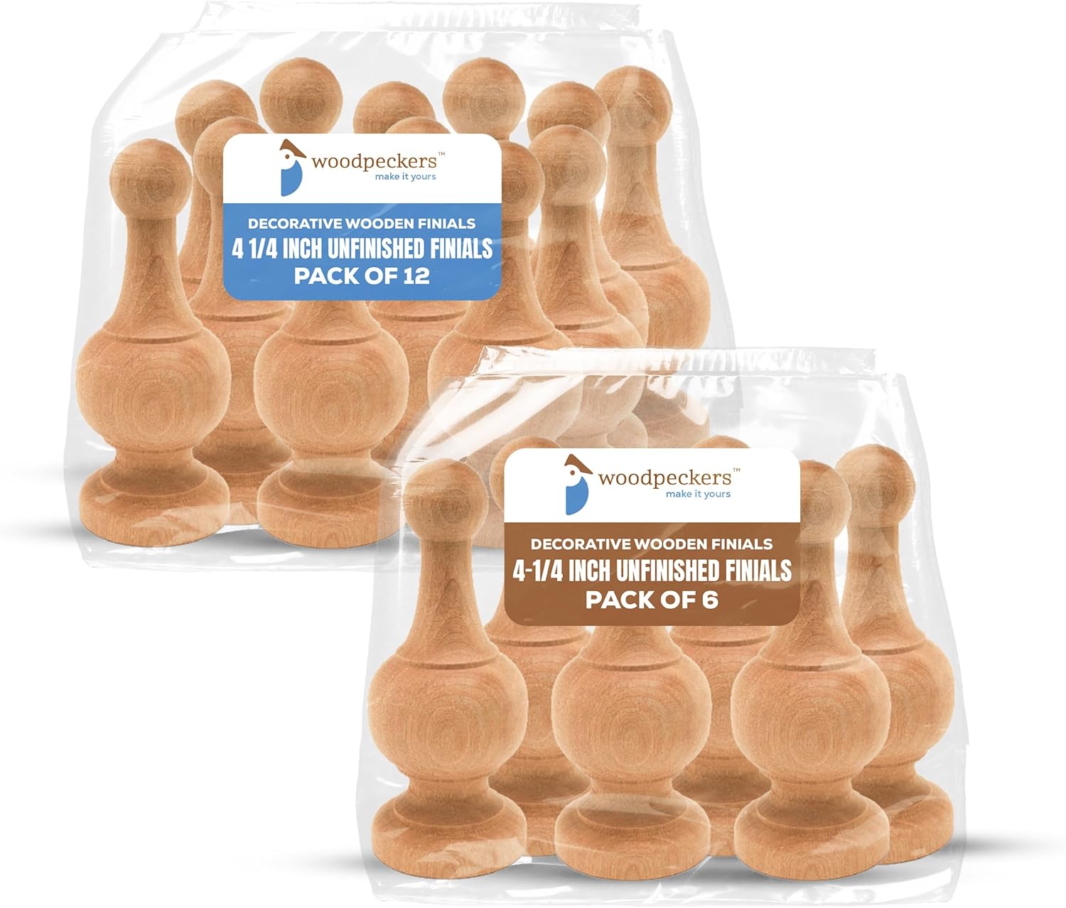 Unfinished Wood Finials Decorative, 4-1/4 inch Pack of 12 and Unfinished Wood Finials Decorative, 4-1/4 inch Pack of 6 by Woodpeckers