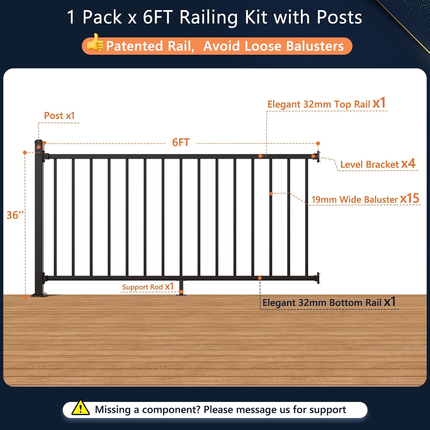 1 pack w.6ft x h.36in aluminum deck railing kits with post, aama 2604–grade textured matte black porch railing kit, decking railings for outdoor decks, porches, garden and yard 6ft level - 1post 1panel