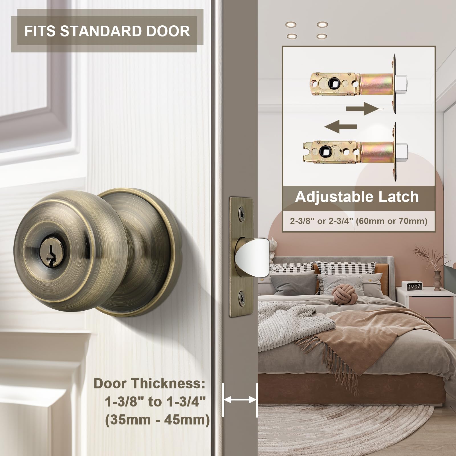 Antique Brass Door Knobs - Keyed Alike Lockset (Pack of 3) -3