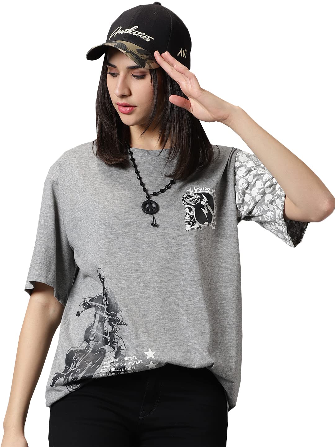 Highlander Women's Cotton Loose Fit Oversized Printed T-Shirt in multi