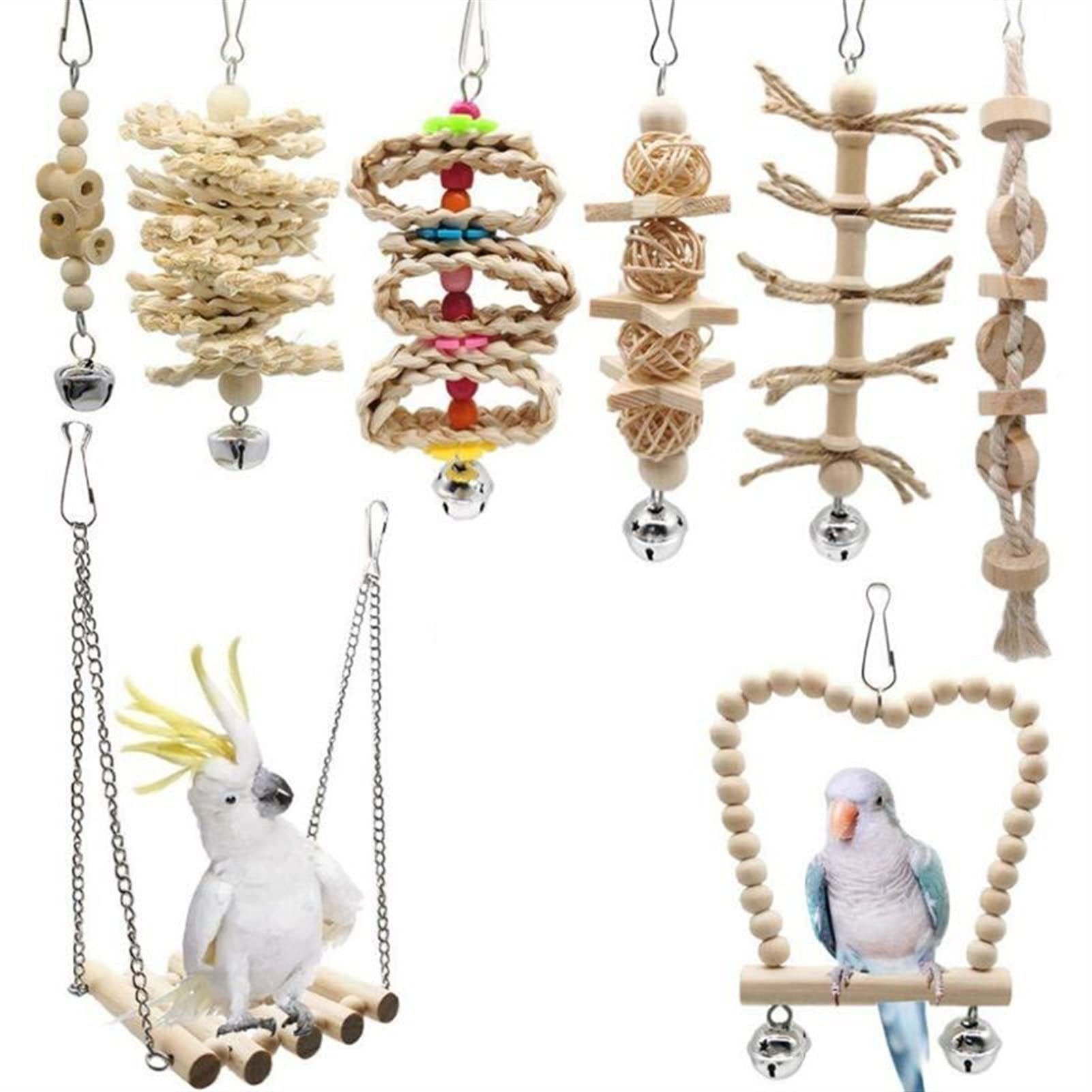Vogelspielzeug 8 Teile/Satz Vogel Papagei Swing Chew Spielwaren Natürliches Holz Hängende Glocke Vögel Käfig Spielzeug Für kleine Sittichets Cockatiels Vogelbedarf