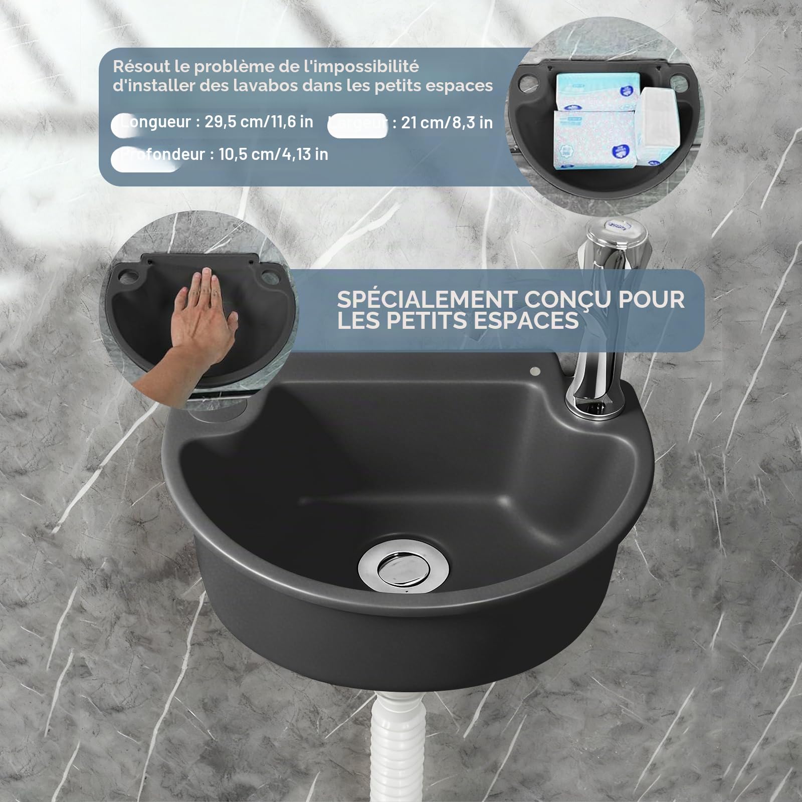 Lavabo en plastique, pour camping, lavabo, simple, en plastique, avec tuyau et bouchon de vidange, pour jardin, garage, cave, camping-car, chantiers de construction (noir)