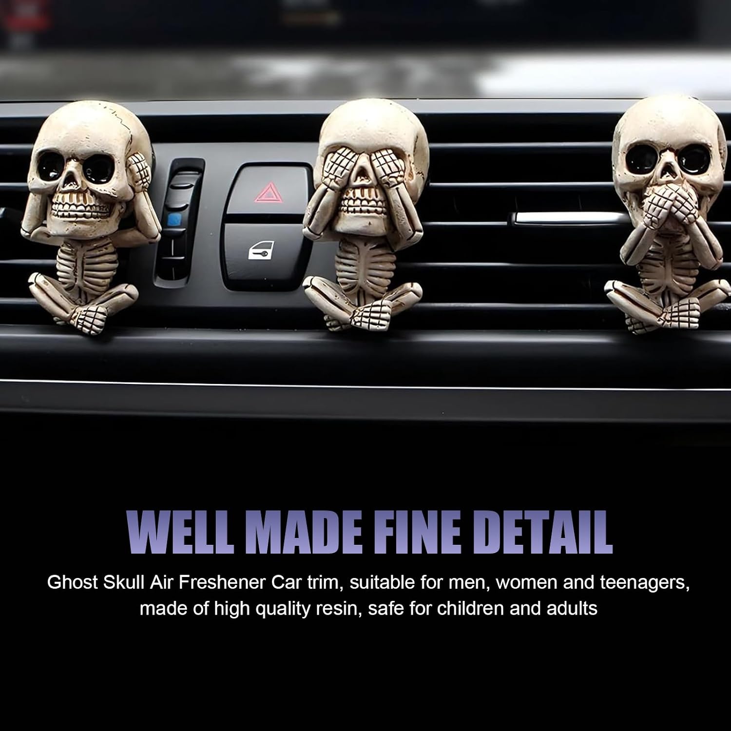 3 PCS Car Skull Air Vent Clips, 3D Aged Skeleton Resin Air Diffuser, Gothic Horror A/C Straight Outlet Decoration, Universal Cool Interior Ornament for Cars (White)